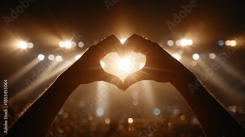 Crowd of Audience at during a concert with silhouette of a heart shaped hands shadow, light illuminated is power of music concert