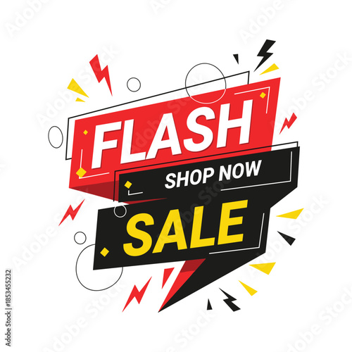 Vibrant Flash Sale 'Shop Now' vector banner. Perfect for online promotions, discounts, advertising & e-commerce offers