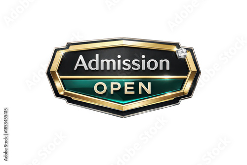 Admission open badge with gold border and green banner, enrollment announcement sign isolated on transparent background
