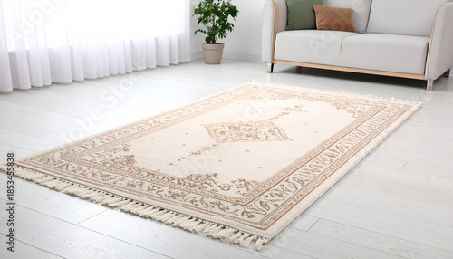 Elegant patterned rug with traditional motifs enhancing a bright, modern living room interior, offering a comfortable and stylish floor covering for any contemporary home or serene space