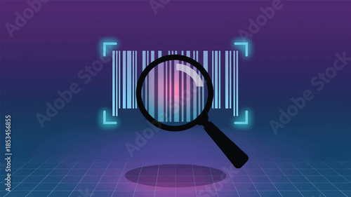 Magnifying glass over barcode with neon grid background