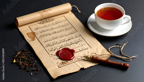 A weathered parchment scroll with classical calligraphy and a red wax seal, alongside a cup of tea and a quill pen, symbolizing ancient wisdom, scholarly pursuits, and peaceful reflection