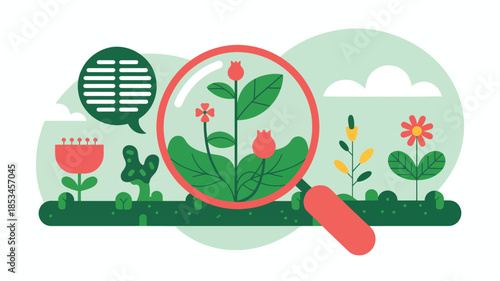 Magnifying glass over stylized plants and flowers illustration