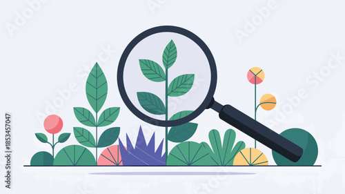 Magnifying glass over green plant leaves and abstract shapes