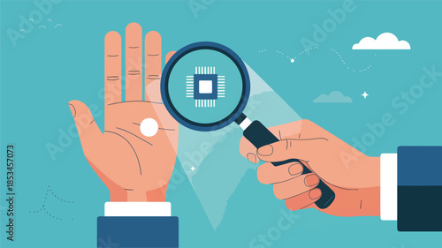 Hand holding magnifying glass over microchip on palm