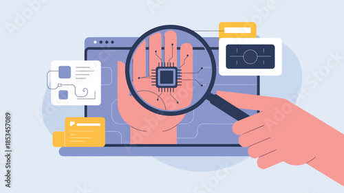 Hand holding magnifying glass over computer screen with circuit board