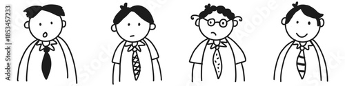 Set of handdrawn profile doodle men with tie vector for corporate teams. Ideal for businessman avatars, office staff icons, and formal wear sketches.