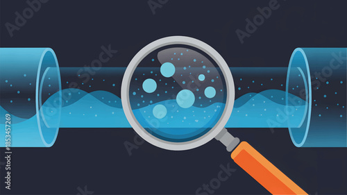 Magnifying glass over blue liquid in transparent pipe