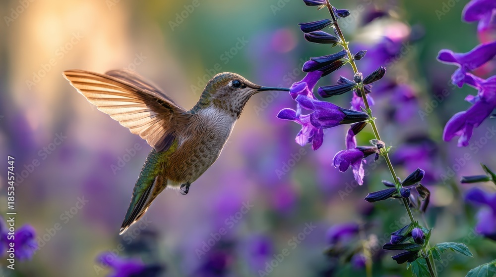 Fototapeta premium Hummingbird Feeding on Violet Flowers with Rays of Light