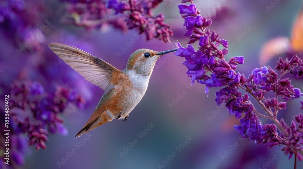 Obraz premium Hummingbird Hovering Near Vibrant Purple Flowers in Nature Scene