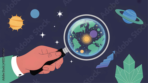 Hand holding magnifying glass over stylized Earth in space