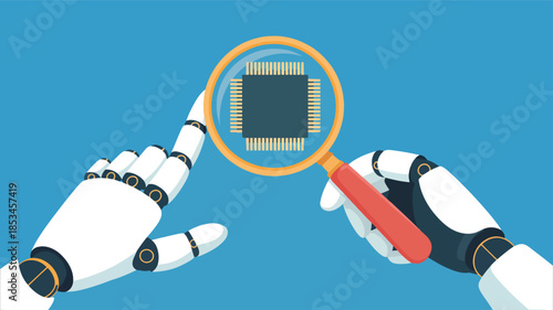 Robot hands examining microchip with magnifying glass