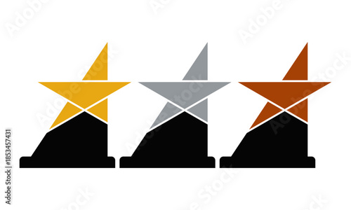 1st 2nd 3rd place star awards, golden silver bronze prize set, flat solid vector icons