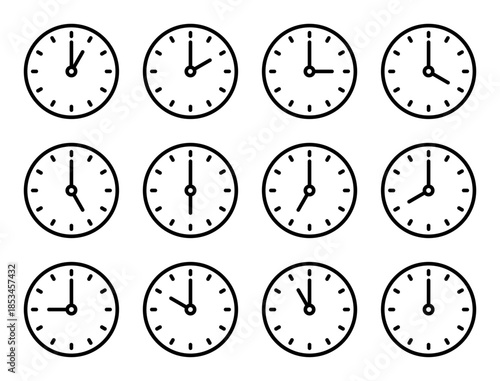 12 clock face with all day time, every hour outline icons set, thin line watch without numbers