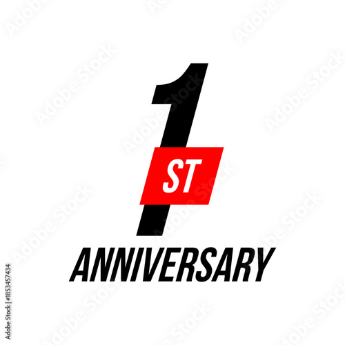 1st anniversary celebration label, one years jubilee congratulation vector template, happy birthday card, event invitation