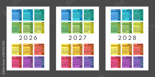 2026 2027 2028 pocket size 12 month calendars, whole year grid, english month names, monday first, two weekends