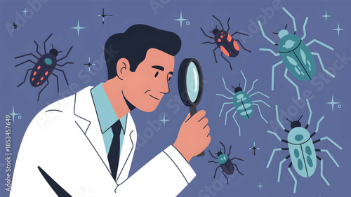 A scientist examines colorful insects with a magnifying glass