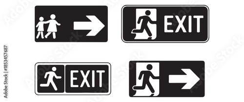 Safety signage depicting people heading towards emergency exits and pathways crucial for building evacuation procedures