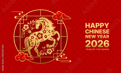 Happy Chinese New Year 2026 Year of the Horse Decorative Red and Gold Design