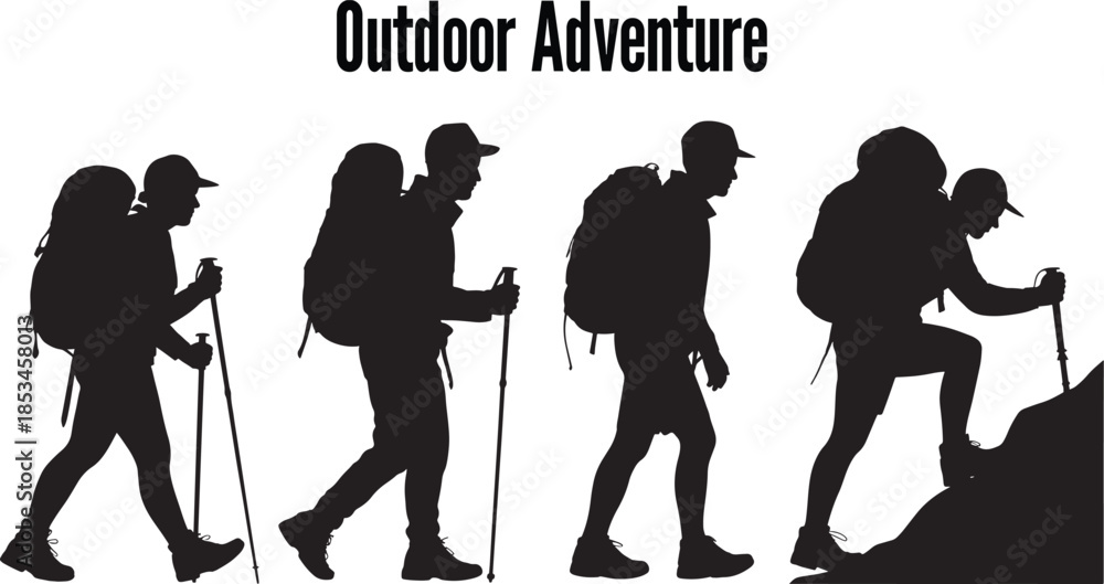 Obraz premium Silhouettes of Adventurers Hiking and Backpacking Through Challenging Terrains