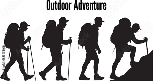 Silhouettes of Adventurers Hiking and Backpacking Through Challenging Terrains