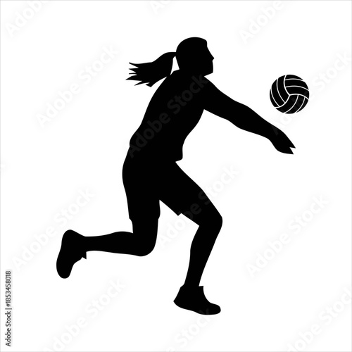 Volleyball silhouette icon set featuring players in various action poses, net, ball, trophy, and logo elements. Perfect for sports design, posters, branding, and digital projects.
