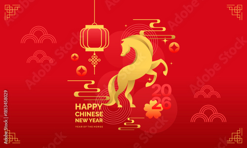Happy Chinese New Year 2026 Year of the Horse Minimalist Red Gold Design