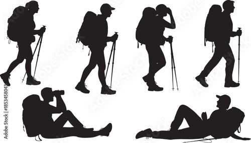 Silhouettes of Hikers Trekking and Resting with Backpacks on an Adventure Journey