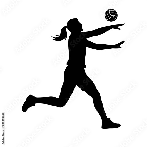 Volleyball silhouette icon set featuring players in various action poses, net, ball, trophy, and logo elements. Perfect for sports design, posters, branding, and digital projects.
