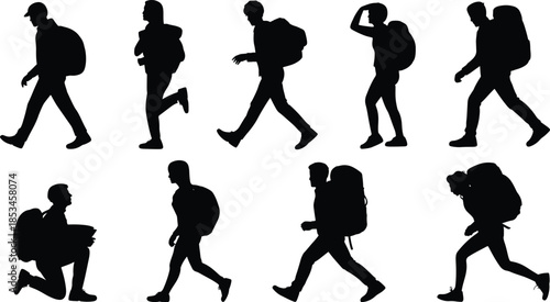 Silhouettes of people carrying backpacks enjoying various outdoor adventure activities