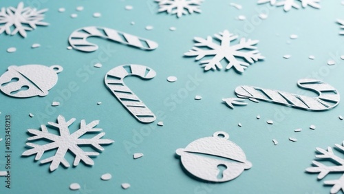 White Christmas decorations on blue background.