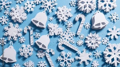 White Christmas decorations on blue background.