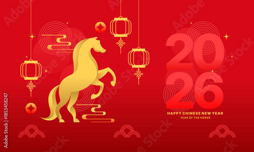 Happy Chinese New Year 2026 Year of the Horse Minimalist Red Gold Design