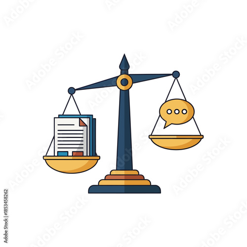 Balance scale with documents and speech bubble representing communication.