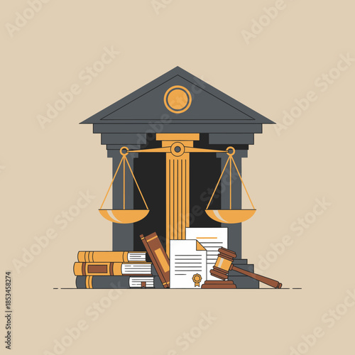 Law Building Scales of Justice Books Gavel and Documents.