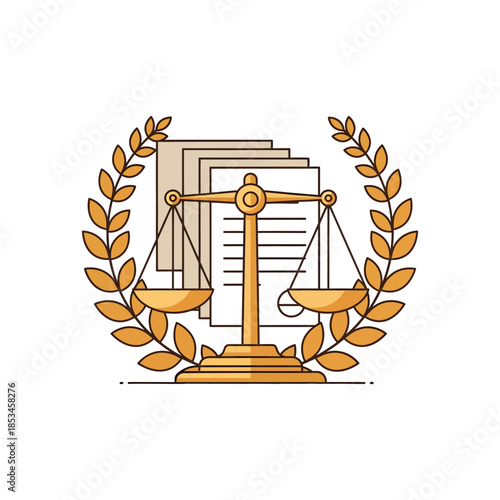 Golden Scales of Justice with Legal Documents and Laurel Wreath.