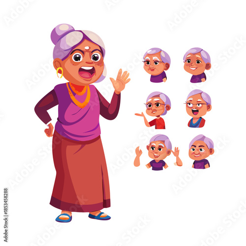 Indian Old Woman Vector. Senior Person. Aged, Elderly People. Positive. Face Emotions, Various Gestures. Animation Creation Set. Isolated Flat Cartoon Character Illustration See Less
