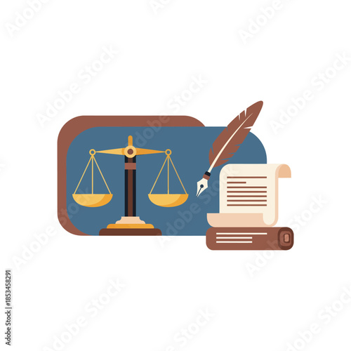 Scales of Justice and Quill Pen with Scroll Representing Law.