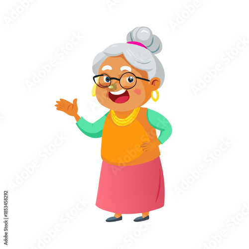Indian Old Woman Vector. Senior Person. Aged, Elderly People. Positive. Face Emotions, Various Gestures. Animation Creation Set. Isolated Flat Cartoon Character Illustration See Less