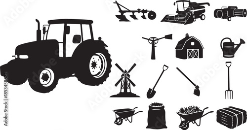 Farm equipment and tools in black silhouette on white background