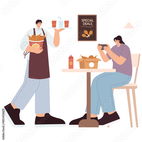 Chicken Restaurant Illustration. Vector illustration of Waiter serves drinks and a bucket of fried chicken while a customer takes a photo at a table with takeaway box and sauce. Isolated on background