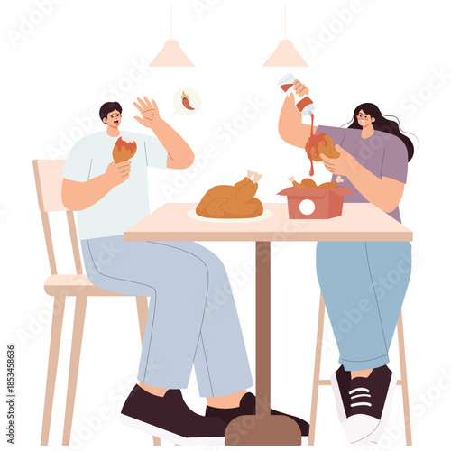 Chicken Restaurant Illustration. Vector illustration of Friends enjoy fried chicken at a table while adding hot sauce, showing a fun dining moment and spicy flavor challenge. Isolated on background