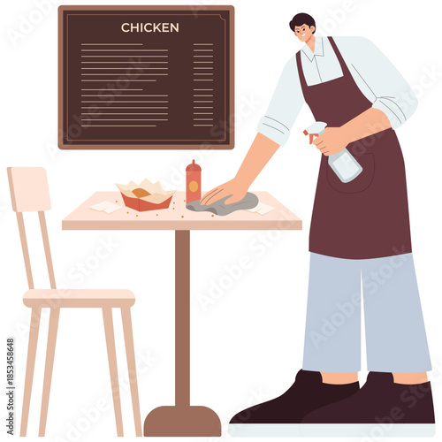 Chicken Restaurant Illustration. Vector illustration of Restaurant staff wipes a table with disinfectant spray, showing hygiene, sanitation, and cleanliness in a dining area. Isolated on background