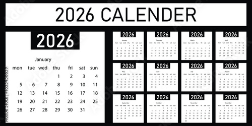 Calendar 2026 template. Monthly calendar layout for 2026 year. Diary planner for 2026 year. eps 10