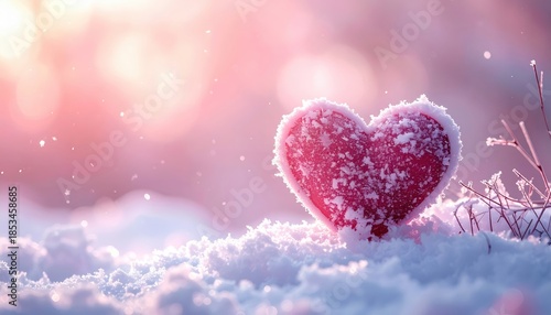 Heart Shaped Object Covered in Snow on a Soft Pink Background for Winter Love Themes