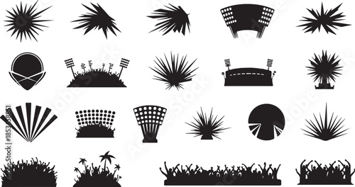 Black silhouettes of various festival and concert icons
