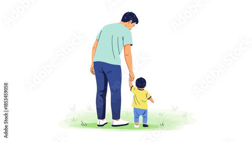 Father holding hand of his child learning to walk.