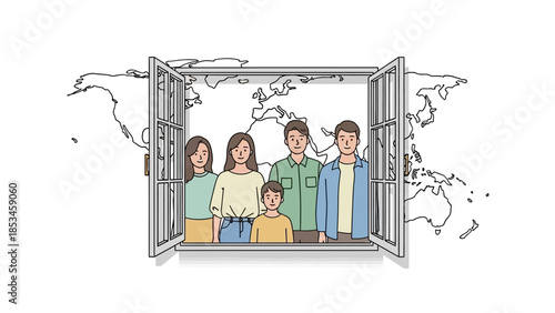 Diverse group of people standing together in a window frame.