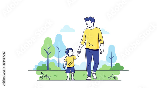 Father and son walking together in a park holding hands.