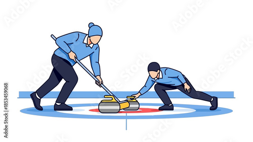 Two athletes playing curling on ice rink.